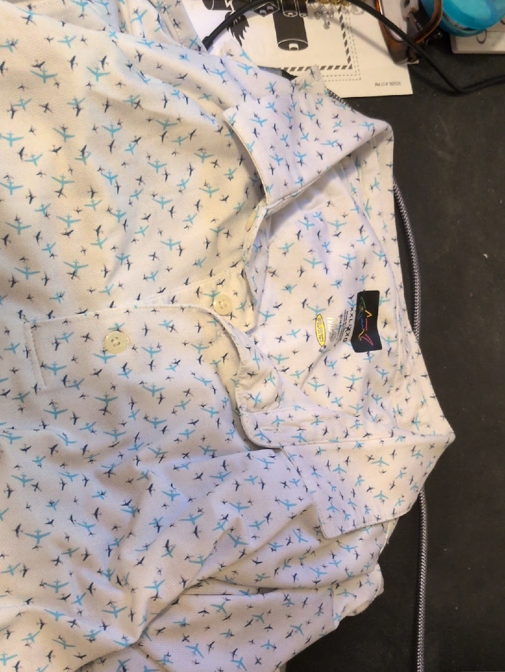 Greg Norman Collection White Polo Shirt with Blue Micro Airplane Print